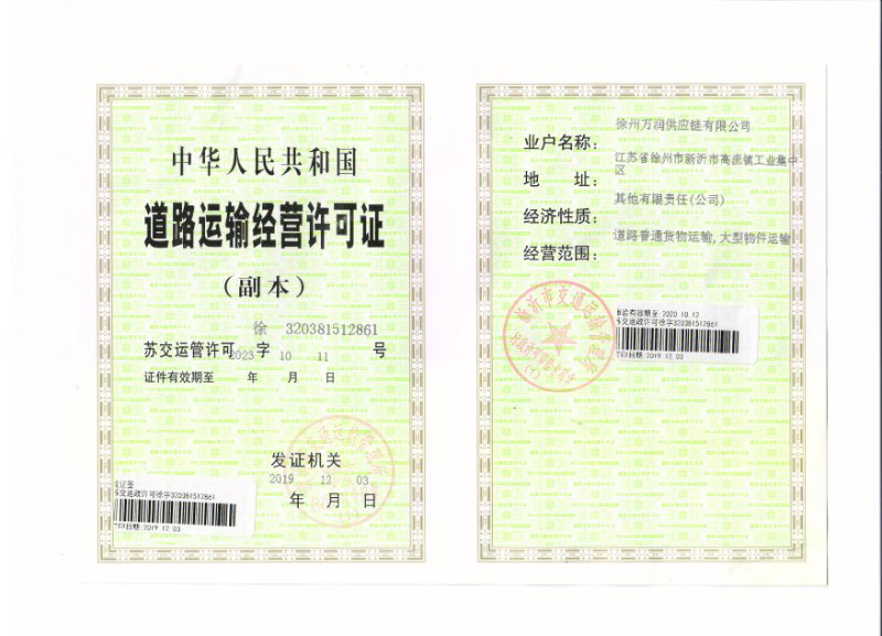 徐州萬潤供應(yīng)鏈有限公司榮譽資質(zhì)